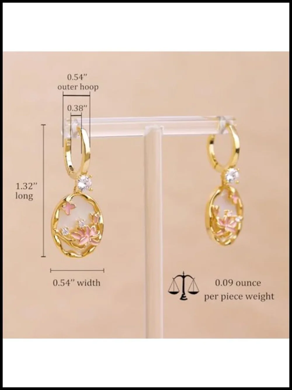 Gold Hoop Dangle Earrings with Mother of Pearl Lotus Flower CZ Rhinestone Drop